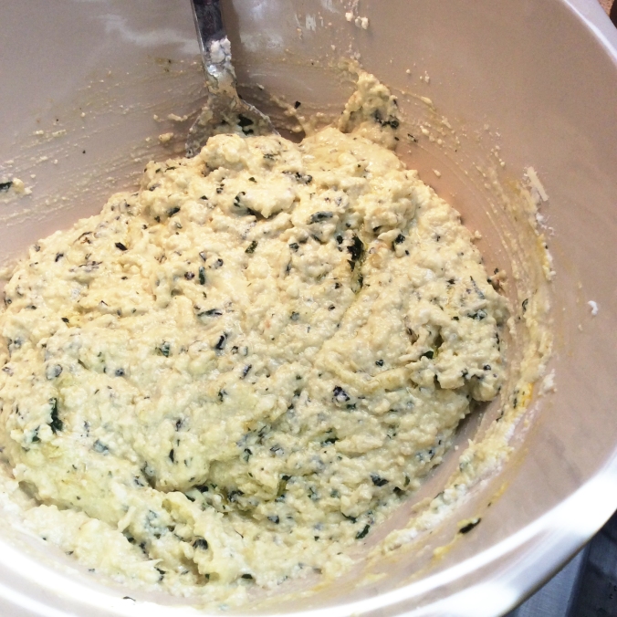 Mix ricotta, pesto and shredded parm - taste and add S&P if needed. Then add eggs and stir (don't mix or whip).